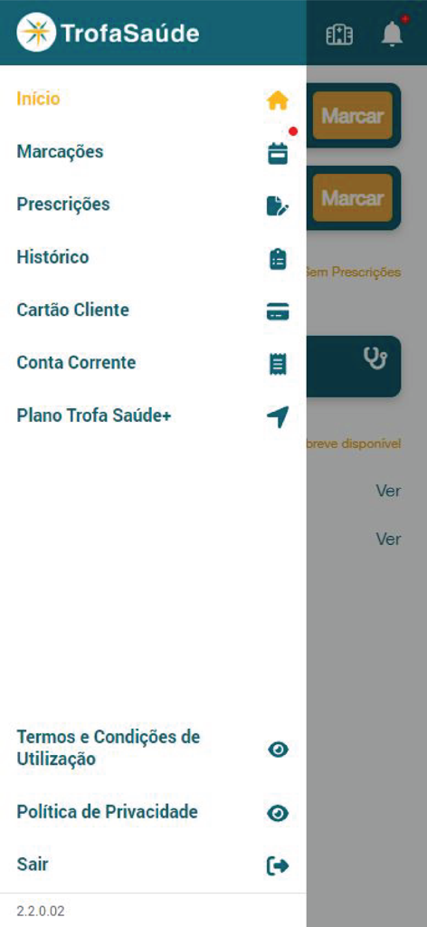 Menu de navigation latéral de l'application Trofa Saúde 24 affichant les fonctionnalités de gestion des soins de santé telles que les rendez-vous et les ordonnances