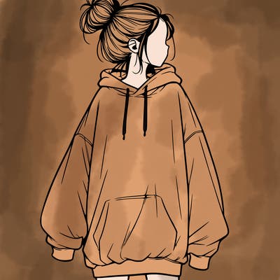 realistic girl with a oversized sweatshirt on and a bun