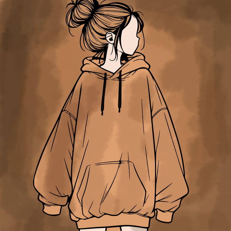 realistic girl with a oversized sweatshirt on and a bun