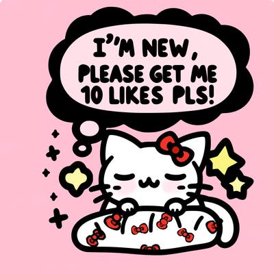 kitty taking a nap dream talking and saying "i'm new, please get me at least 10 likes pls!!"