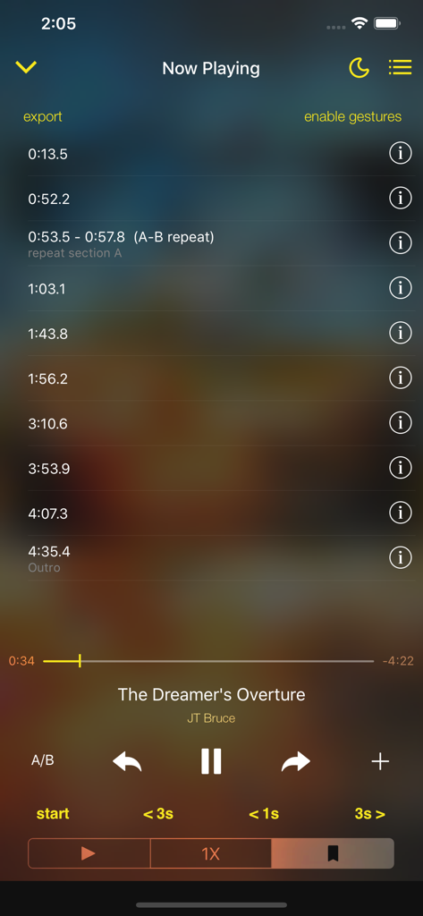 SpeedUp Player Pro + - Now Playing screen of SpeedUp Player Pro showing bookmarks and AB repeat settings