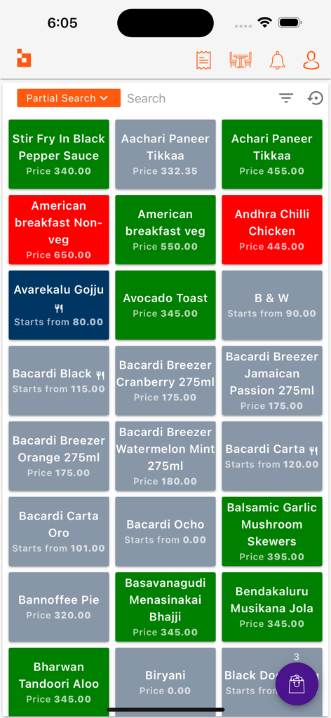 Digitory DigiPoS - Digitory DigiPoS mobile App-Oberfläche, die ein Raster von Restaurant-Menüpunkten und Preisen anzeigt