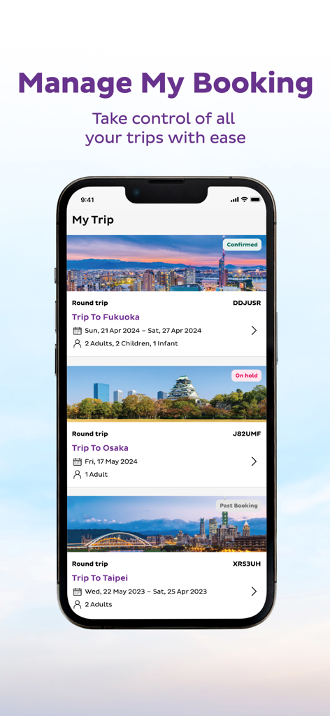 HK Express - HK Express mobile app interface showing the My Trip management screen with upcoming and past bookings to Fukuoka Osaka and Taipei