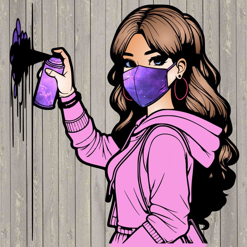 realistic girl with mask spray painting a wall