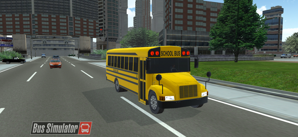 BUSTOP Bus Simulator 2026 - A yellow school bus driving on a multi-lane city street in BUSTOP Bus Simulator 2026