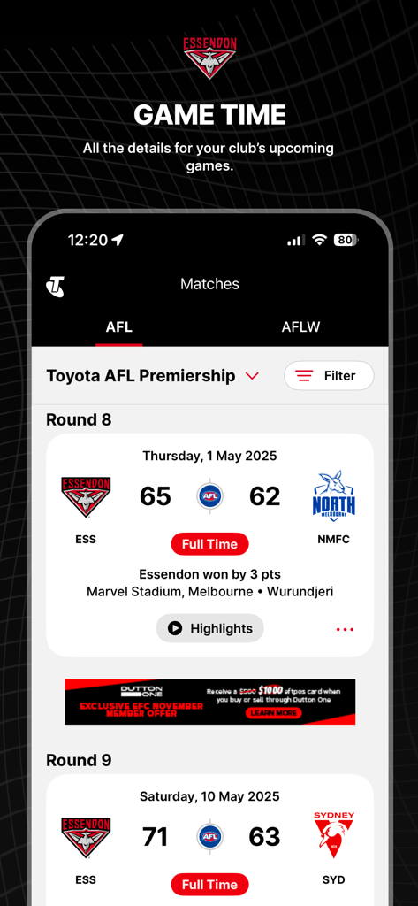 Essendon Official App - AFL-Spielpläne und Ergebnisse auf dem Bildschirm der Essendon Offiziellen App.