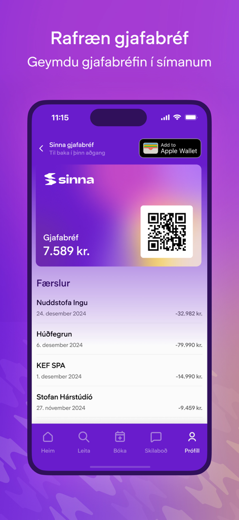 Sinna - Pantalla de la aplicación Sinna que muestra una tarjeta de regalo digital con saldo de código QR e historial de transacciones para servicios de belleza y bienestar