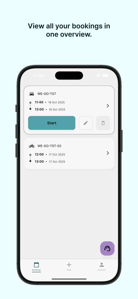 WeGo Carsharing - iPhone screenshot showing the WeGo Carsharing bookings overview screen with scheduled car and bike rentals.
