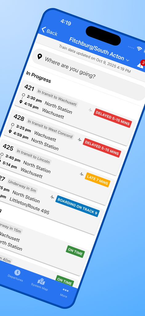 MBTA Rail • Commuter Rail - A list of MBTA Commuter Rail trains with real-time status and track boarding information