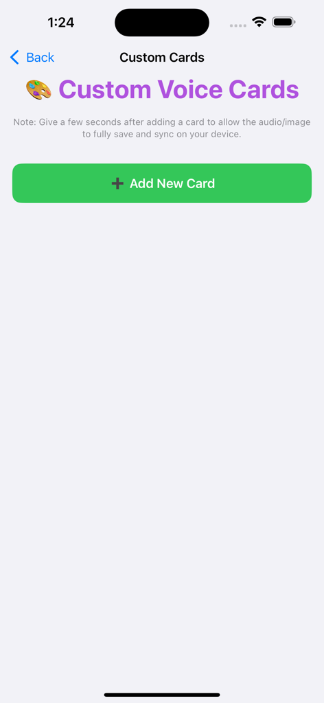 MyVoice AAC Autism Talker - Screen showing the custom voice cards feature with a button to add a new card