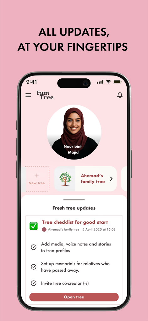 A mobile app interface showing a family tree dashboard with a checklist and recent updates.