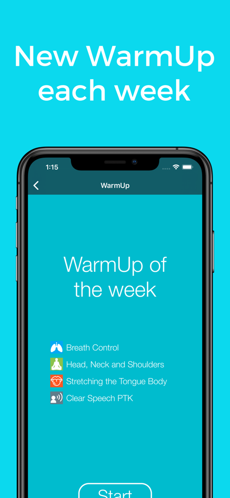 One Minute Voice WarmUp - Smartphone screen showing the weekly voice warmup exercises for breath control and clear speech