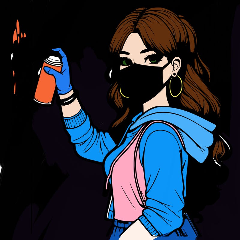 realistic girl with mask spray painting a wall