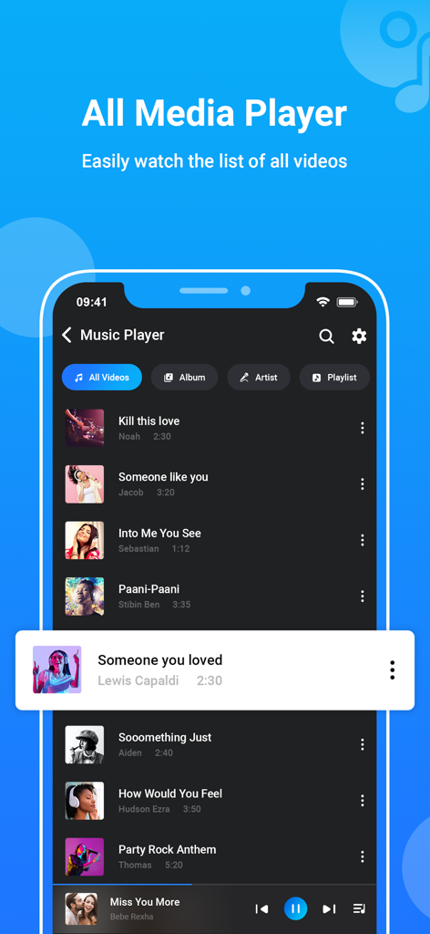 MX Player : All Media Player - Interfaz de MX Player mostrando una lista de archivos de música y video con controles de reproducción y pestañas de navegación