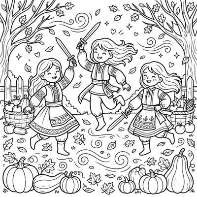 Join these joyful children as they perform a traditional sword dance amidst a vibrant autumn setting. This charming coloring page, filled with falling leaves and harvest treasures, is perfect for kids to express their creativity during the fall season.