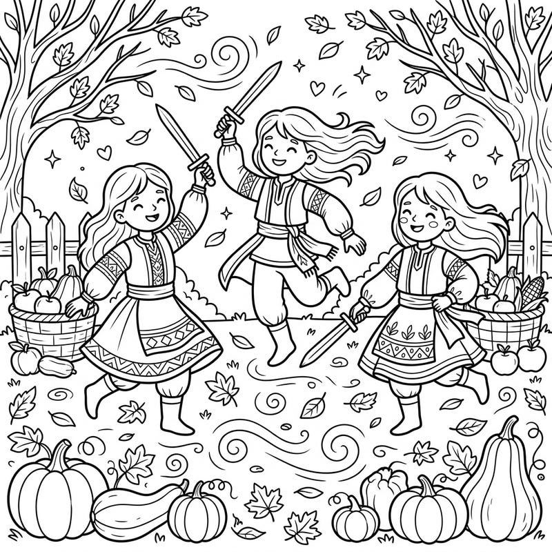 Join these joyful children as they perform a traditional sword dance amidst a vibrant autumn setting. This charming coloring page, filled with falling leaves and harvest treasures, is perfect for kids to express their creativity during the fall season.
