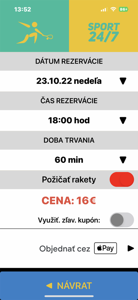 247sport - Mobile interface of 247sport app for booking a sports court with racket rental and Apple Pay payment option