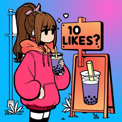 girl with oversized hoodie drinking boba and she has a high ponytail with a sign that says 10likes?