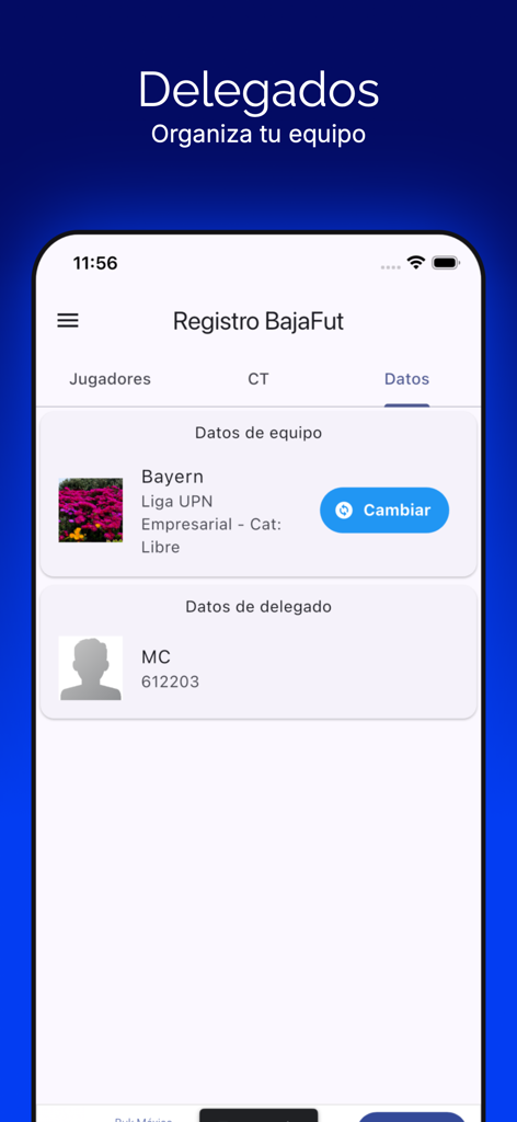 Un'interfaccia mobile per l'app Registro BF che mostra le informazioni della squadra per il Bayern e i dati del profilo del delegato