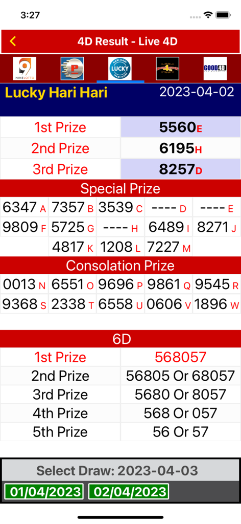 Lucky Hari Hari 4D and 6D live lottery results showing prize numbers and draw date