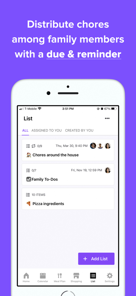 Family Daily: Family Organizer - Interface showing shared family chore lists and to-do items in the Family Daily app.