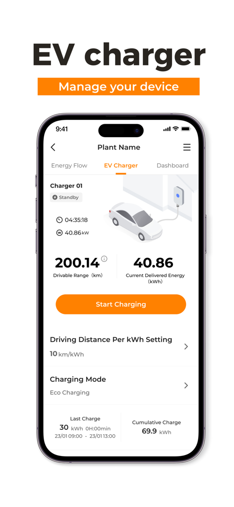 Smartphone-Bildschirm mit dem Dashboard der iSolarCloud App zur Verwaltung von E-Auto-Ladestationen mit Echtzeit-Ladedaten.