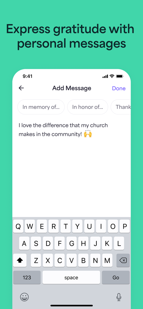Pantalla de la aplicación Givelify para añadir un mensaje personal a una donación con una nota sobre el impacto en la comunidad de la iglesia