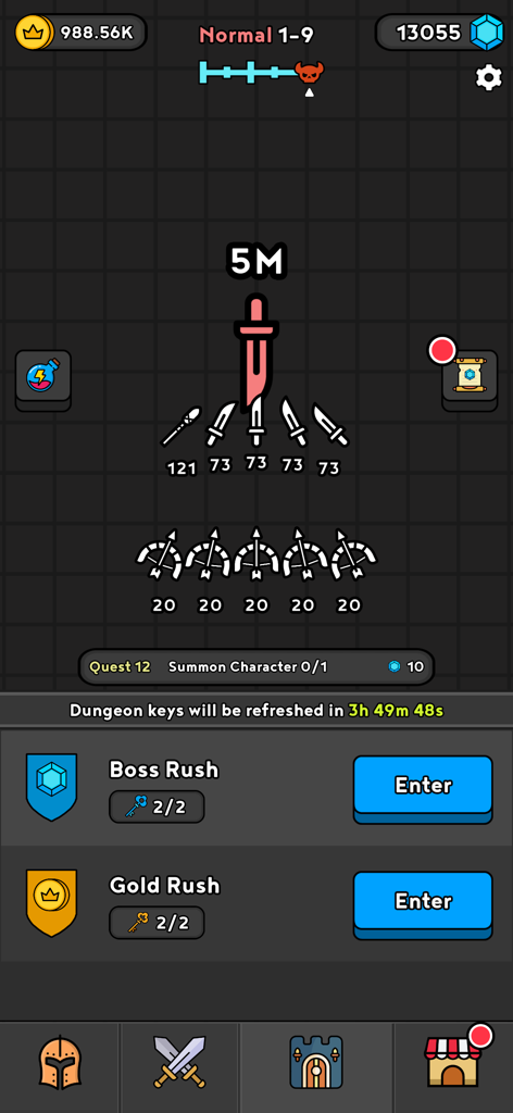 Paper War - Gameplay screenshot of Paper War showing unit formations and menu options for Boss Rush and Gold Rush modes