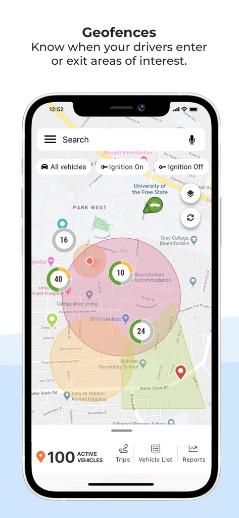 Cartrack GPS, Vehicle & Fleet - Cartrack-App-Oberfläche mit Fahrzeug-Geofences und aktiven Flottenstandorten auf einer digitalen Karte