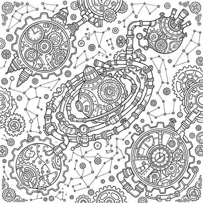 Embark on an extraordinary coloring journey through intricate Steampunk Galaxy Clusters, where cosmic wonders meet mechanical marvels. Discover a universe filled with gears, pipes, and celestial clockwork waiting for your vibrant touch.