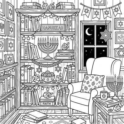 Immerse yourself in the warm glow of Hanukkah with this enchanting library coloring page, combining the joy of reading with festive traditions. Discover menorahs, dreidels, and Star of David decorations nestled among classic books, ready for your creative touch.