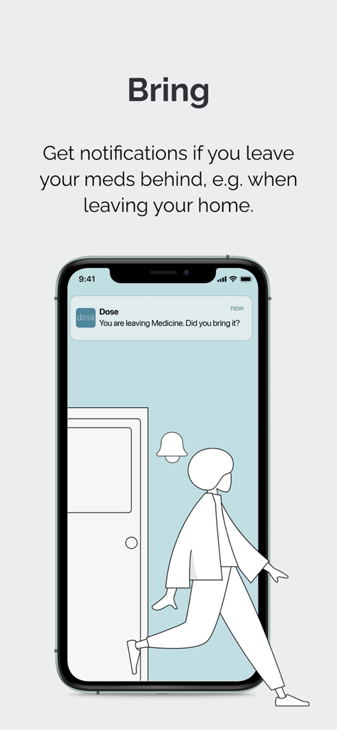 Notificação da aplicação Dose Medbox lembrando o utilizador de levar os seus medicamentos ao sair de casa