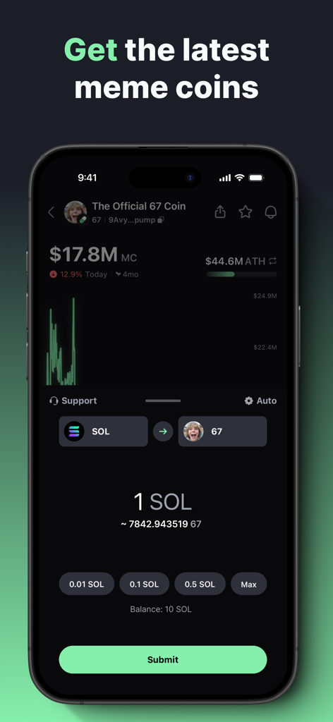 pump.fun: Meme Coins - ミームコインを取引するためのpump.funアプリのインターフェースを示すスマートフォンの画面。