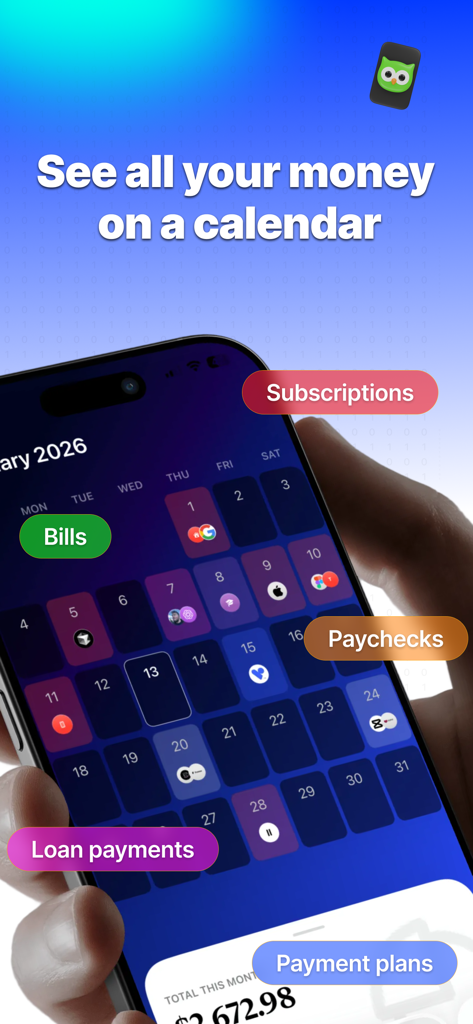 Subbie - Money Calendar - A smartphone screen showing the Subbie app's visual money calendar with color-coded labels for bills, subscriptions, paychecks, and loan payments.