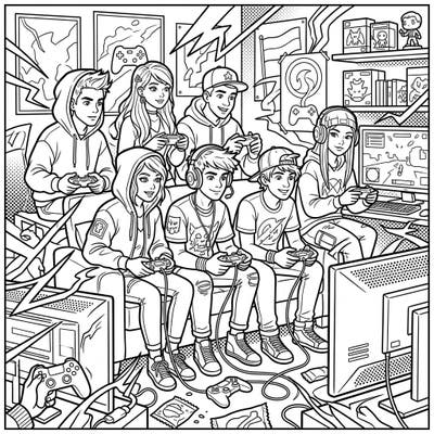Get ready for an epic coloring adventure with this vibrant Pop Art scene of teenage gamers. Featuring bold outlines and halftone patterns, it captures the energetic world of digital entertainment.