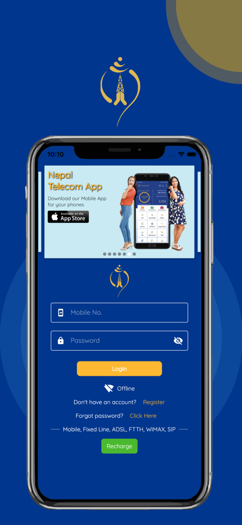Nepal Telecom - Pantalla de inicio de sesión de la aplicación Nepal Telecom con campos para número de móvil y contraseña