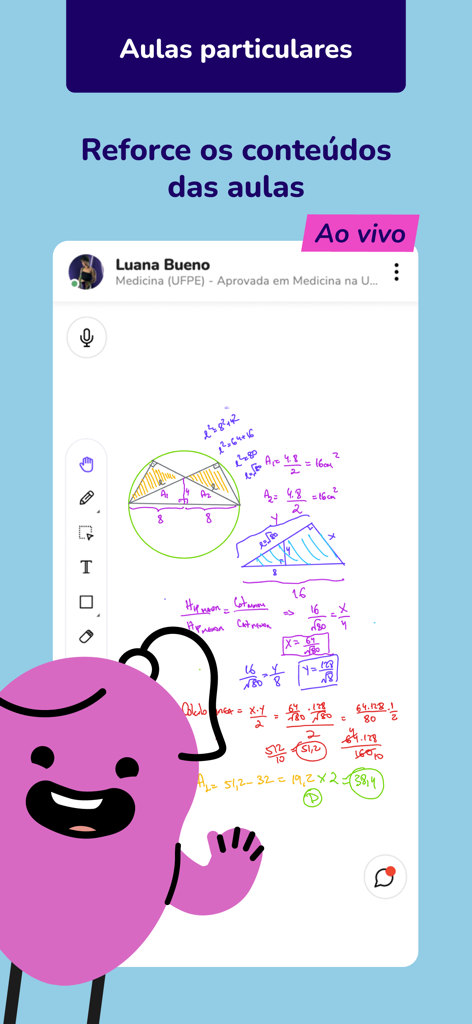 TutorMundi - Aplicativo TutorMundi exibindo uma aula particular ao vivo com uma lição de geometria em um quadro branco digital.