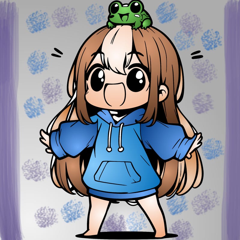 a excited chibi girl whith long hair and a baggy shirt whith a frog on there head