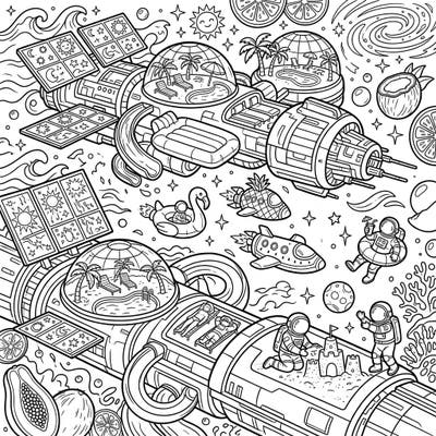 Embark on an extraordinary summer journey with this unique coloring page featuring a massive colony ship transformed into a vibrant space resort. Discover astronauts enjoying pools, sandy beaches, and tropical delights high above the Earth.