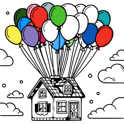 house floating from lots of balloons