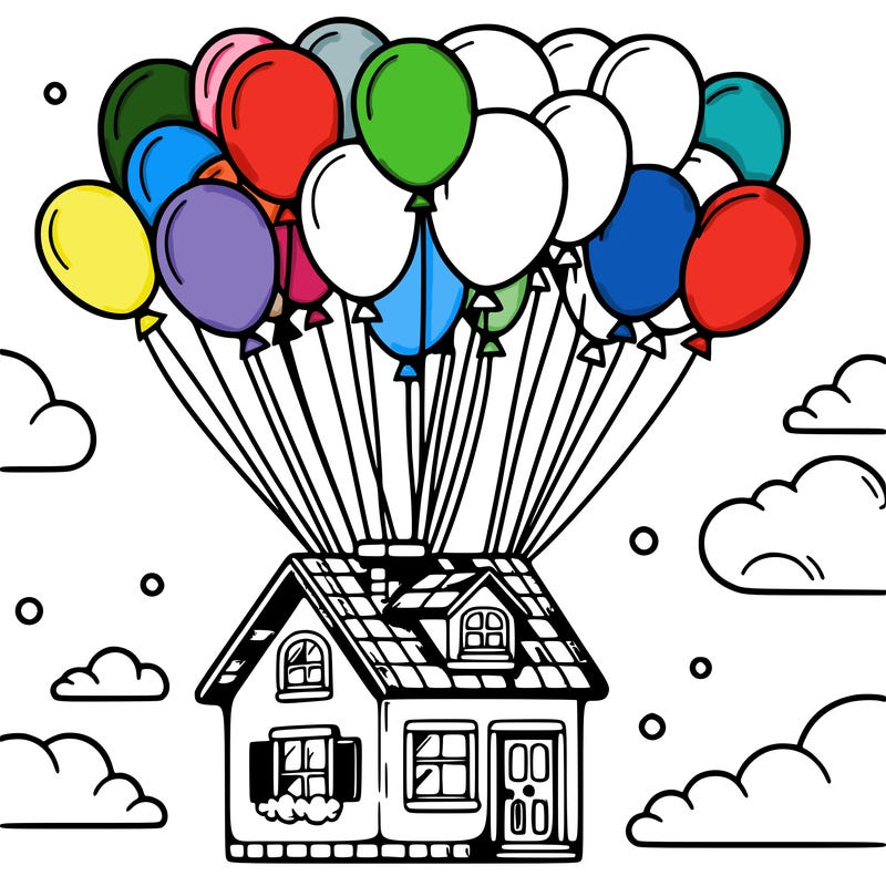 house floating from lots of balloons