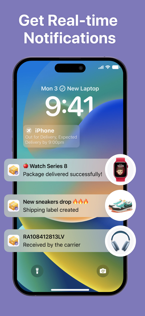 Package Tracker: Track Parcels - Pantalla de bloqueo de iPhone mostrando notificaciones de entrega de paquetes en tiempo real para artículos rastreados