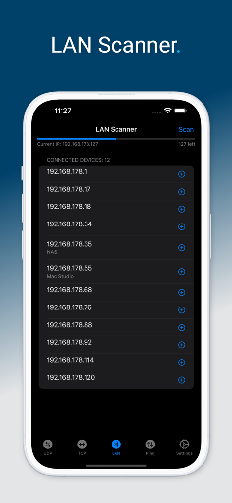 Interfaz móvil de un escáner LAN que muestra una lista de dispositivos conectados y sus direcciones IP