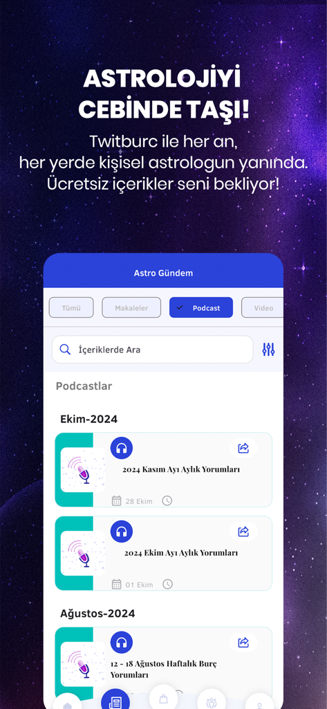 Twitburc: Astroloji & Burçlar - The podcast section of the Twitburc astrology app featuring monthly horoscopes and astrological insights.