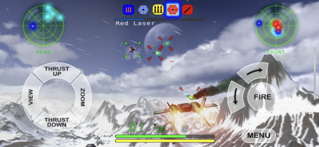 In-game screenshot of Nemesis showing a space ship flying over snow covered mountains with a combat HUD