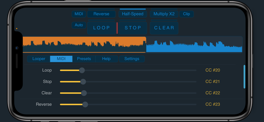 SimpLoop - SimpLoop interface showing MIDI CC mapping configuration for loop stop and clear functions