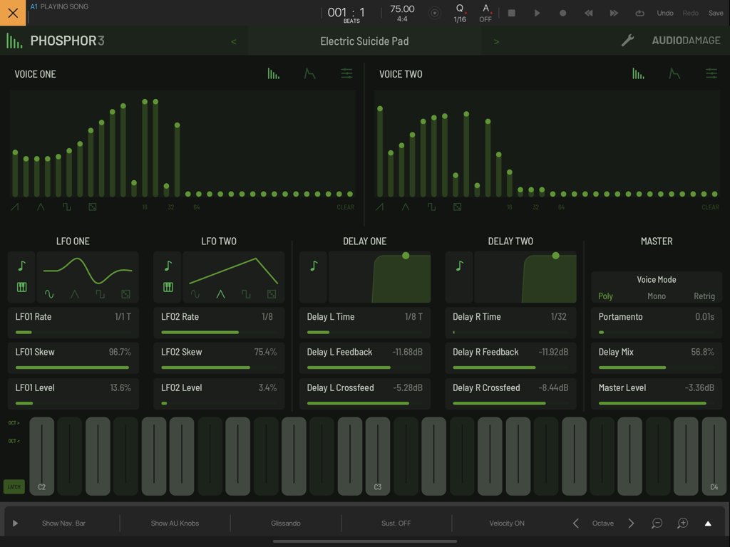 Phosphor 3 - Interfaz del sintetizador aditivo Phosphor 3 con parciales de oscilador y controles de modulación en un iPad