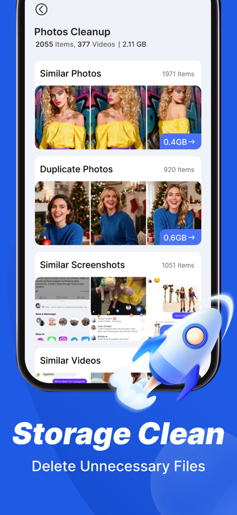 Handy Clean - Handy Clean mobile app screen displaying options to clean up similar and duplicate photos and screenshots to free up storage space