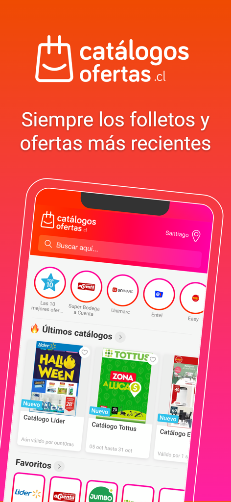 Catálogos y ofertas de Chile - Interfaz principal de la aplicación Catálogos y ofertas de Chile mostrando folletos de tiendas y ofertas minoristas recientes para tiendas chilenas.