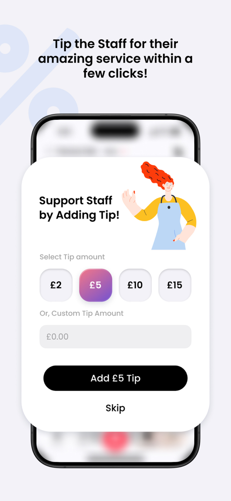 Interfaccia dell'app Embargo Wallet che mostra le opzioni per aggiungere una mancia al personale di servizio con importi preimpostati e personalizzati